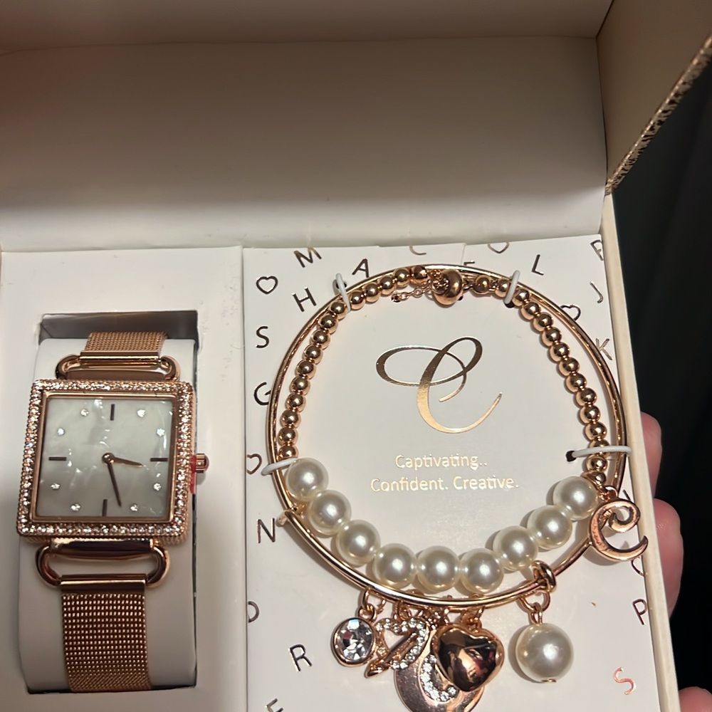 Rose Gold Watch and Bracelet Set with Pearl Accents
